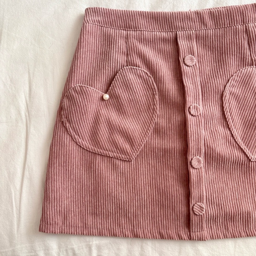 Pink Corduroy Skirt with Heart Pockets